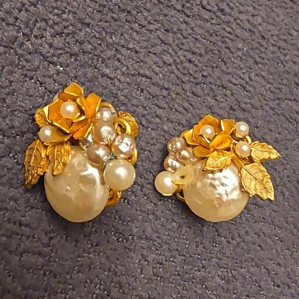 Miriam Haskell Gold and Pearl Floral Earrings